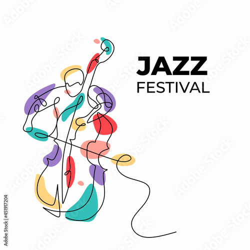 Jazz music festival banner with a man playing cello instrument. Trendy continuous one line drawing with colorful splash.
