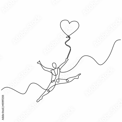 drawing a continuous line of happy man playing balloons. Man flying in air with balloons isolated on white background.