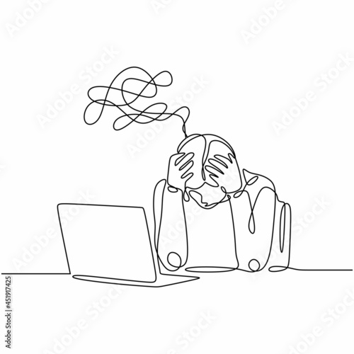 One line drawing frustrated person continuous hand drawn style. Minimalist headache problem people in front of a laptop.