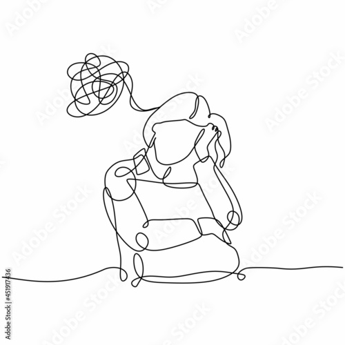 Continuous girl get headache, frustrated woman having problem with her mind. Minimalist vector illustration isolated on white background.