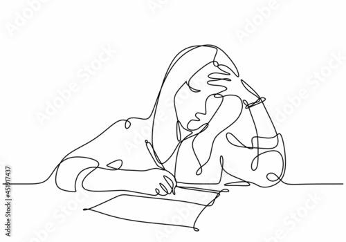 Young woman have thinking problem and frustrated, continuous line drawing minimalist style, vector illustration.