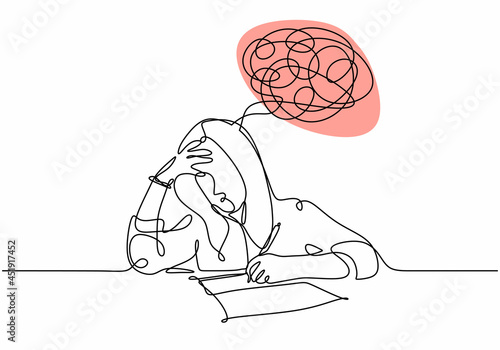 One line drawing of woman have problem and headache. Vector of a student girl doing examination.