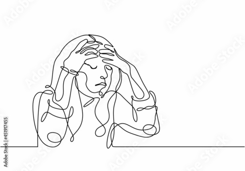 Stressed woman continuous line drawing, one single hand drawn vector illustration. young girl worried about suffering from depression in mental health, problems, and failures.