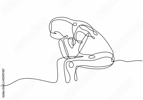 Sad girl continuous one line drawing, people feeling stress and worries about mental health problem.