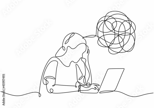 Sad, unhappy young woman continuous line drawing in front of laptop. Psychology problem with stress depression and bad mood. Minimalist vector illustration outline stroke style.
