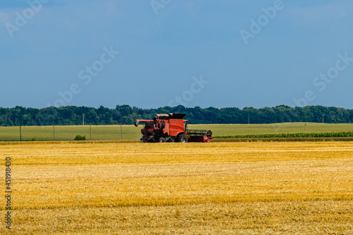 Combine harvester working at the wheat field. Agricultural concept