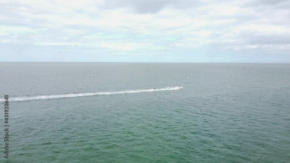 Drone video following a high speed speedboat on the Kent coastal town of Reculver
