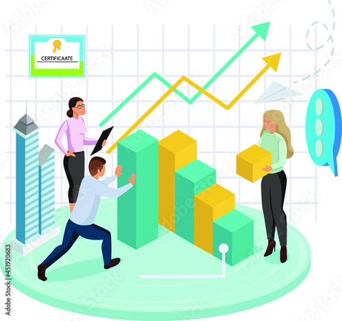 Vector illustration. Isometry. Business, finance, work. Office. Corporation, meeting. The conference. Training, people, staff. development, money. schedule, leader. Communication.technology