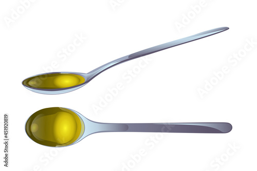 Yellow olive oil in spoons in cartoon style.