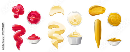 Ketchup, mayonnaise, mustard sauces splashes set. Realistic vector illustration isolated on white background.