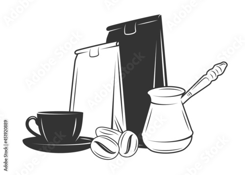 Coffee set from cups, packaging turks and coffee beans isolated on white background. Vector illustration