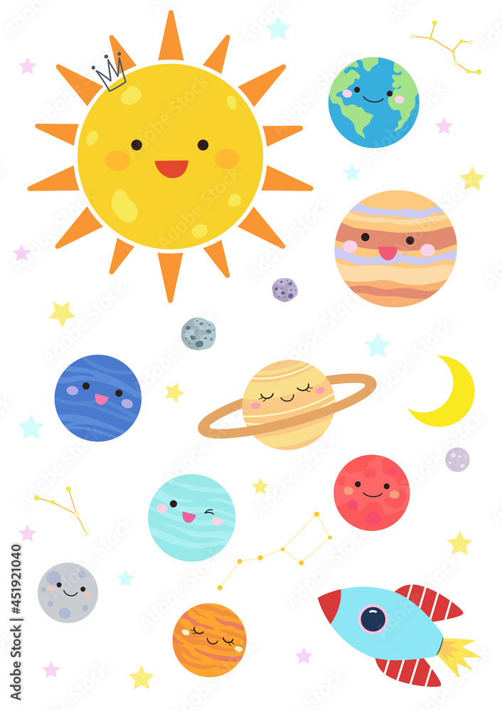 The eight planets of the solar system, cute patterns with facial expressions, including space shuttles, meteorites, and constellations