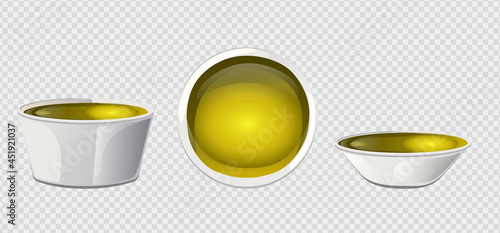 Yellow olive oil in bowl in cartoon style.