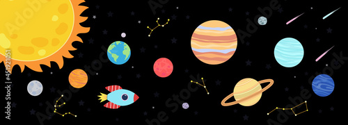 The eight planets of the solar system, there are meteors and space shuttles in the black starry sky, cute graphics