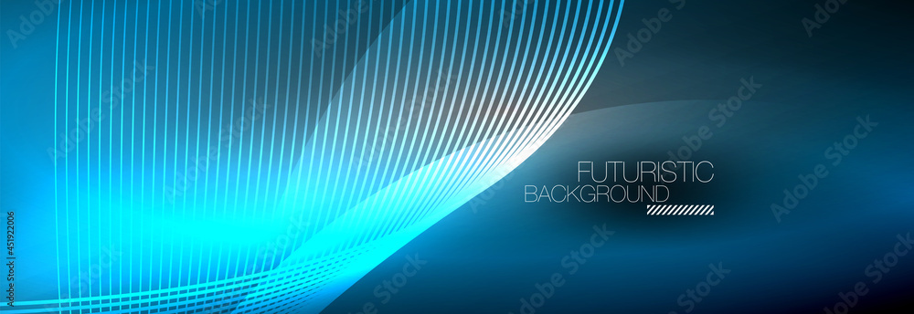 Abstract neon glowing light in the dark with waves. Shiny magic energy and motion concept, vector abstract wallpaper background Abstract neon glowing light in the dark with waves. Shiny magic energy and motion concept, vector abstract wallpaper background