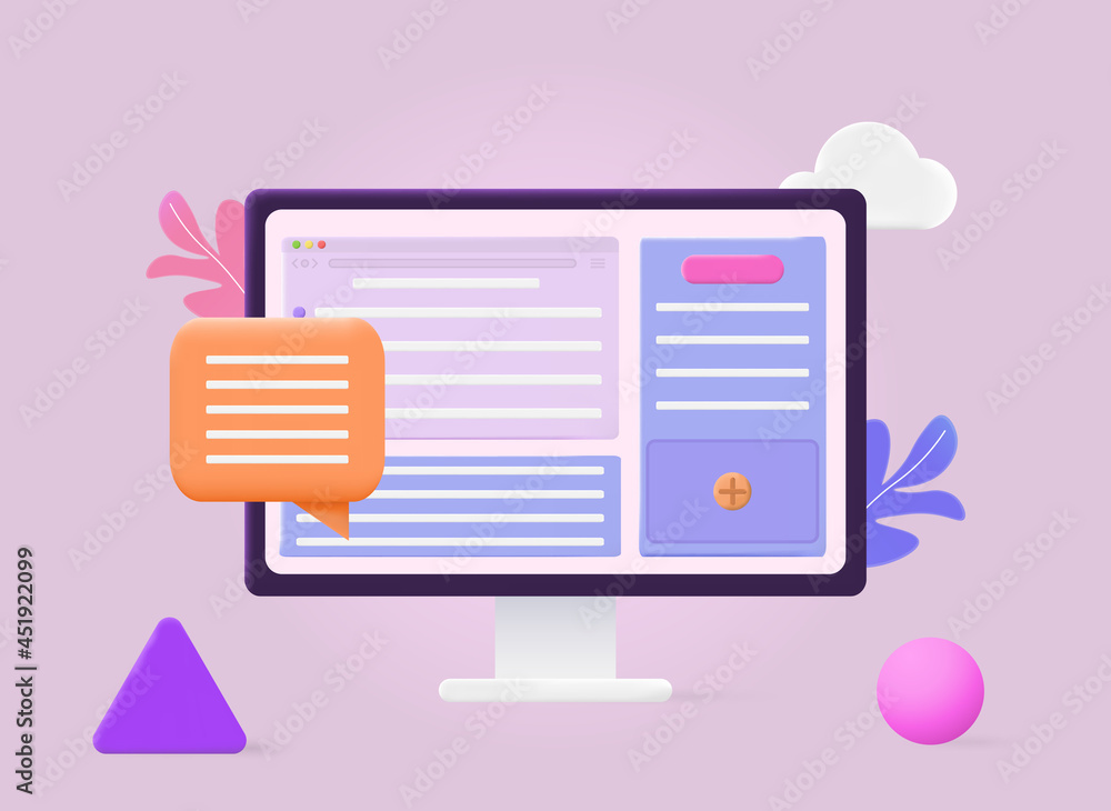 Computer with open pages. Concept of creating user interface. Screen with messages and notifications. Composition with ball and plant. 3D Web Vector Illustrations isolated on purple background Computer with open pages. Concept of creating user interface. Screen with messages and notifications. Composition with ball and plant. 3D Web Vector Illustrations isolated on purple background