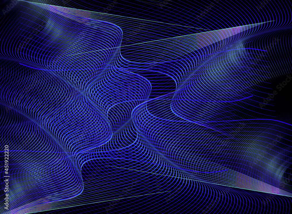 Abstract fractal wavy background. The blue curves make up transparent wavy elements and propagate in different directions over the black background. 3d rendering. 3d illustration.