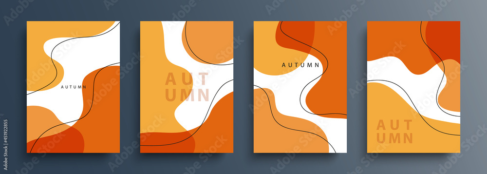 Autumn backgrounds with various dynamic liquid shapes and black outlines for your creative graphic design. Fall season collection. Vector illustration.