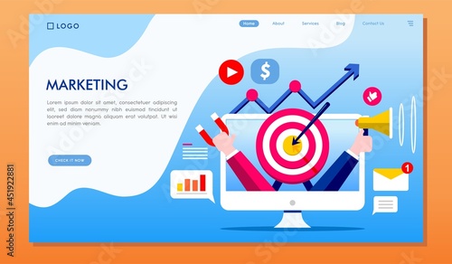 digital marketing strategy and target, social media promotion, business advertising, flat illustration vector