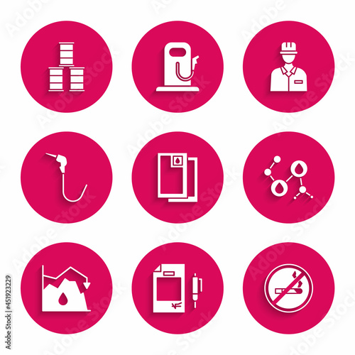 Set Barrel oil, Contract money and pen, No Smoking, Molecule, Drop crude price, Gasoline pump nozzle, Oilman and icon. Vector