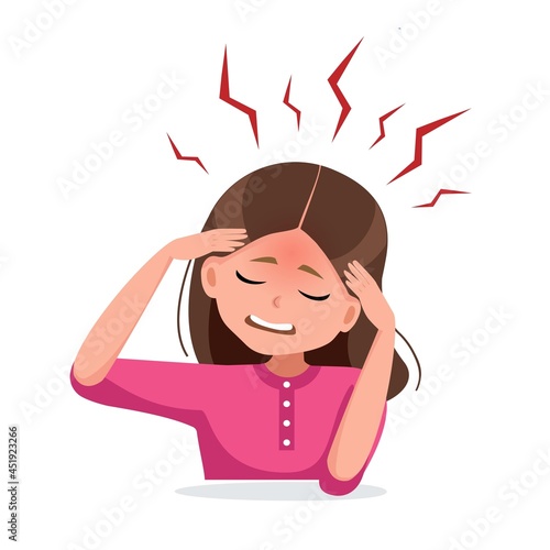woman character with headache, migraine. Vector illustration in cartoon style