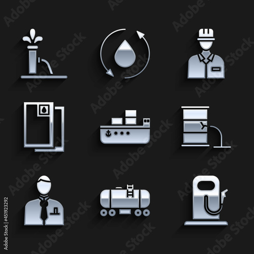 Set Oil tanker ship, railway cistern, Petrol or gas station, Barrel oil leak, Businessman stock market trader, Oilman and pump pump jack icon. Vector