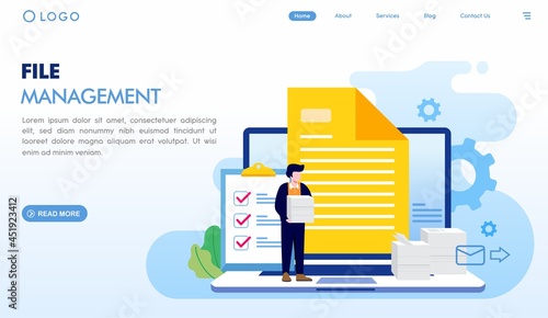 File management, data base, paperwork, file storage, computing, landing page website illustration vector flat design