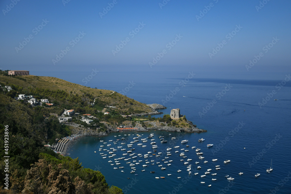 Panoramic view of the coast of San Nicola Arcella, a tourist resort in the Calabria region of Italy.