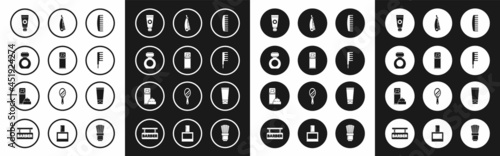 Set Hairbrush, Shaving gel foam, Aftershave, Cream or lotion cosmetic tube, Straight razor, and icon. Vector