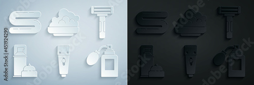 Set Electrical hair clipper or shaver, Shaving razor, gel foam, Aftershave bottle with atomizer, and Towel icon. Vector