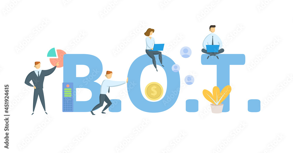 B.O.T. Build, Operate, Transfer. Concept with keyword, people and icons. Flat vector illustration. Isolated on white. B.O.T. Build, Operate, Transfer. Concept with keyword, people and icons. Flat vector illustration. Isolated on white.