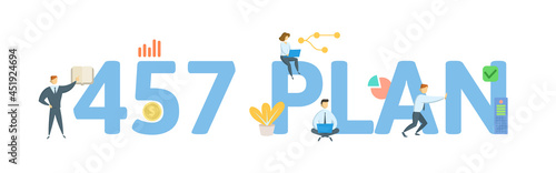 457 Plan, a type of nonqualified tax advantaged deferred-compensation retirement plan. Concept with keywords, people and icons. Flat vector illustration. Isolated on white.