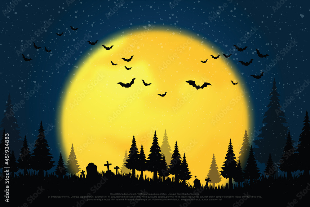 A terrifying pine forest, with graves, on a full moon night and a swarm of bats flying out. background for halloween.