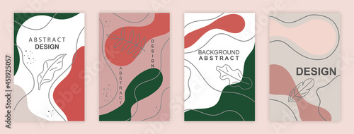 Set of abstract posters. Background templates for social networks and printing on paper. Banners with geometric shapes, lines and text. Modern flat vector collection isolated on pink background