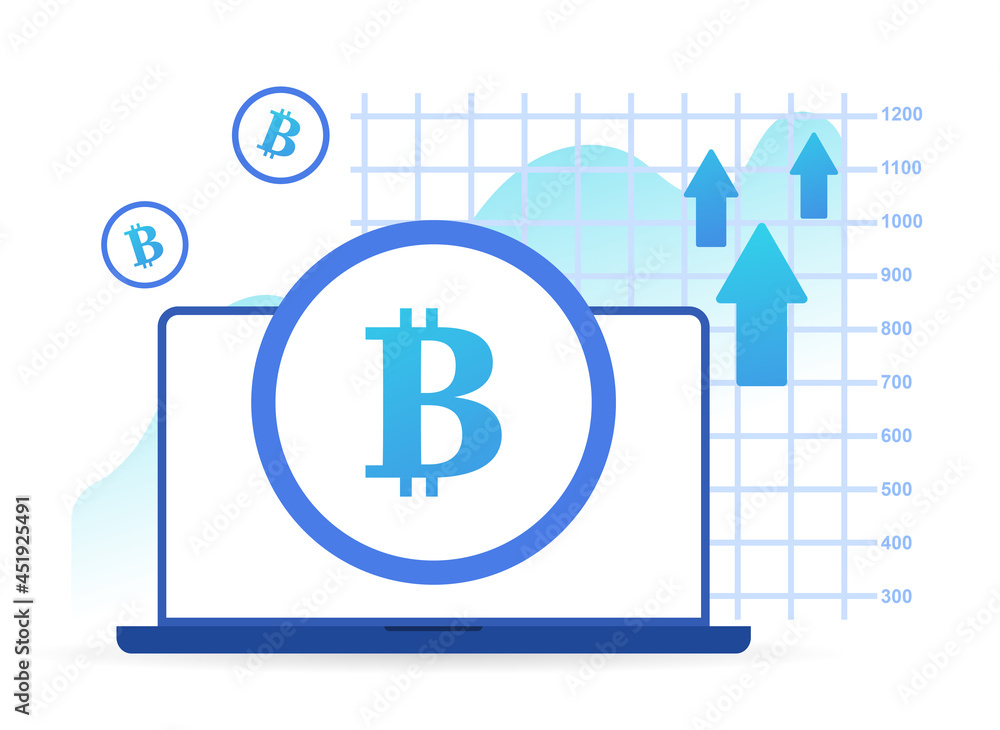 Cryptocoin mining farm concept. Growth of cryptocurrency value and transaction process. Laptop with image of bitcoin. Cartoon contemporary flat vector illustration isolated on a white background Cryptocoin mining farm concept. Growth of cryptocurrency value and transaction process. Laptop with image of bitcoin. Cartoon contemporary flat vector illustration isolated on a white background