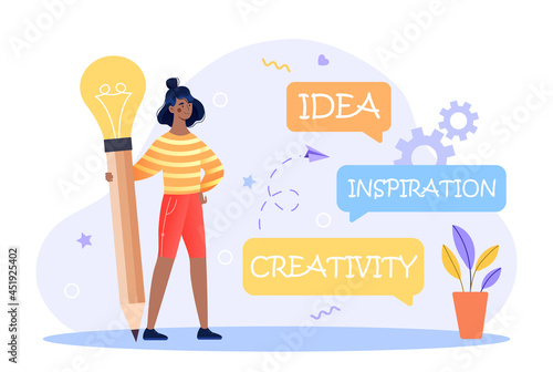 Creative idea concept. Woman with pencil and light bulb comes up with new solution. Imagination and inspiration for working on project. Cartoon flat vector illustration isolated on white background