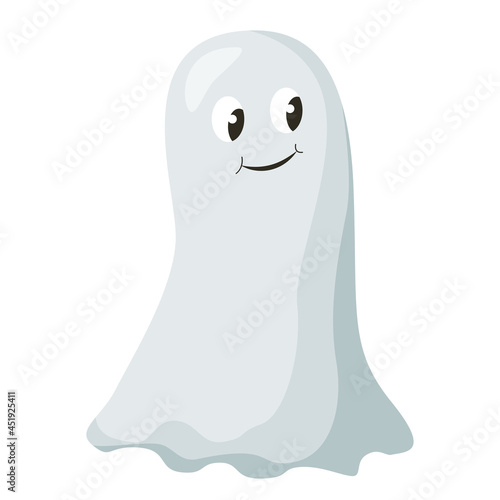 Cartoon Cute little smiling ghost. Halloween decoration. Flat vector illustration isolated on white background