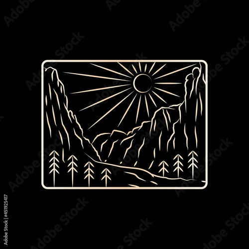 Landscape of Zion National Park in mono line art, patch badge design, emblem design, T-Shirt Design