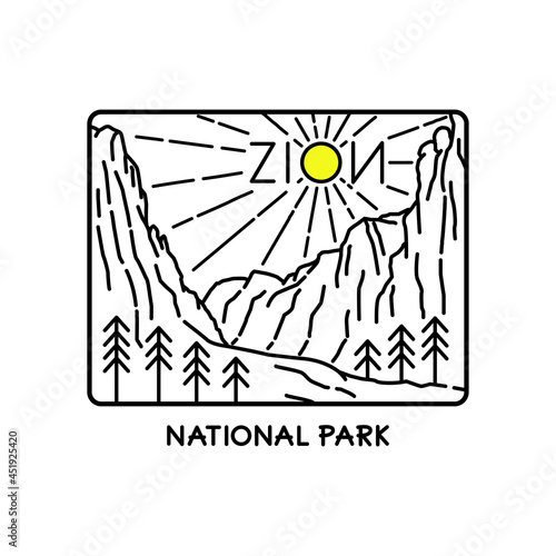 Landscape of Zion National Park in mono line art, patch badge design, emblem design, T-Shirt Design