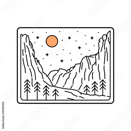 View of Zion National Park with starry sky in mono line art, patch badge design, emblem design, T-Shirt Design