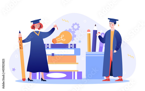 Graduate people celebrate concept. Young man and woman in robes and hats standing next books. Students receive diploma. Cartoon modern gradient vector illustration isolated on white background