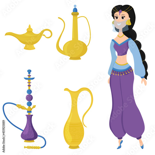 Cartoon character Princess Jasmine. Golden treasures lamp, vessel, decanter and hookah