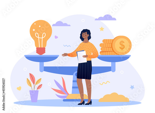 Investment and startup valuation concept. Business woman stands next to scale and learns cost of idea. Economic aspect of new business. Cartoon flat vector illustration isolated on white background