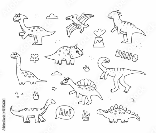 Cute dinosaurs, tropic plants and lettering. Cute hand drawn doodle dino collection. Vector illustration for kids.