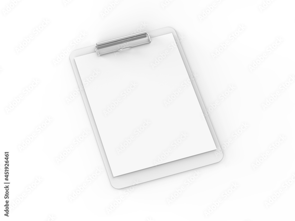 Clipboard with A4 paper mock up on isolated white background, 3d illustration Clipboard with A4 paper mock up on isolated white background, 3d illustration