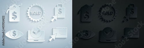Set Laptop, Shoping bag and dollar, Eye with, Online shopping on screen, Sold label and Price tag icon. Vector