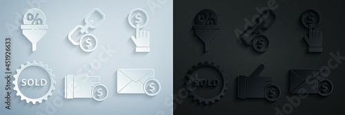 Set Hand holding coin, Sold label, Envelope with dollar, Chain link and Lead management icon. Vector