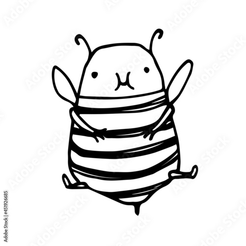 cute fat baby bee after dinner, funny character, vector illustration with black ink contour lines isolated on a white background in a doodle & hand drawn style