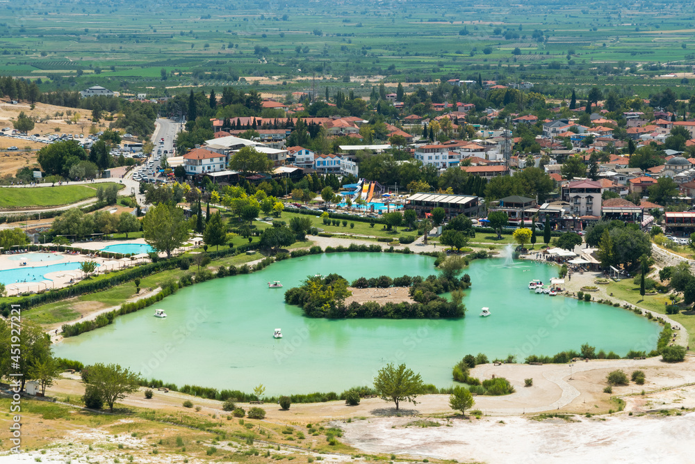 A Lake and a Small Island Located near the Travertine Formations of Pamukkale