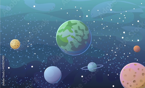 Fototapeta Naklejka Na Ścianę i Meble -  Cosmos background. Planets and their satellites. Starry sky landscape. Dark colors. Flat style. Cartoon design. Vector